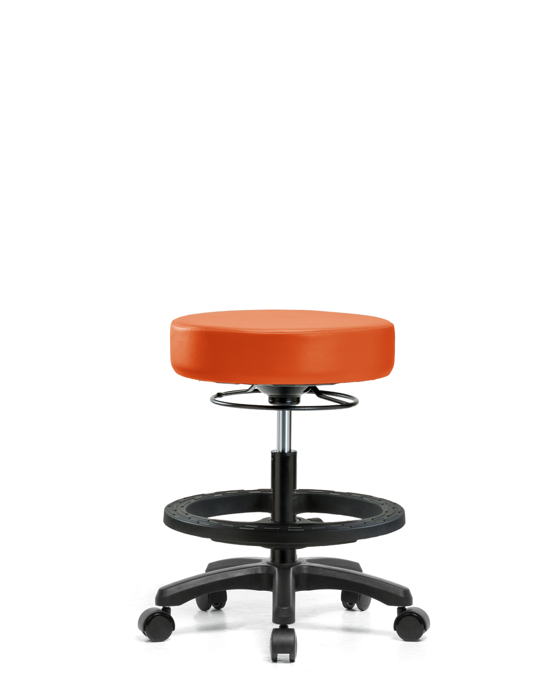 Blue Ridge Ergonomics VMBMS-RG-BF-RC-8613 Vinyl Mini-Stool - Medium Bench Height with Black Foot Ring & Casters in Orange Kist Trailblazer™ Vinyl