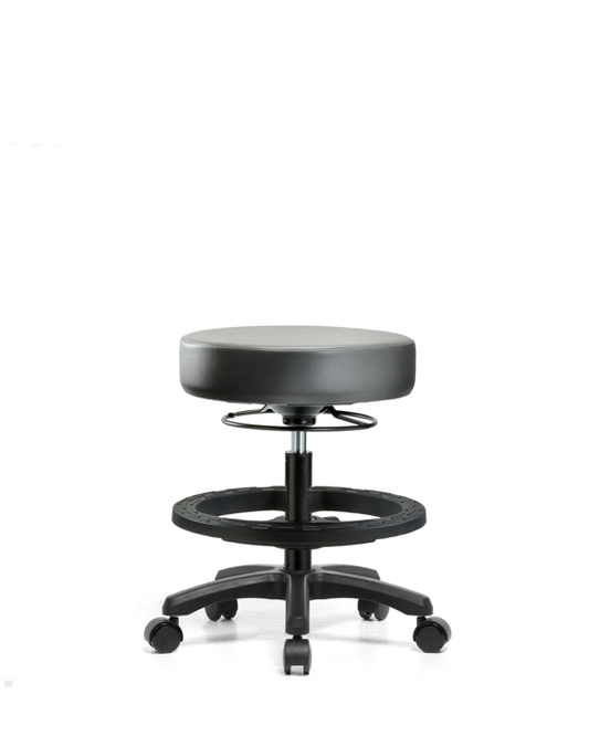 Blue Ridge Ergonomics VMBMS-RG-BF-RC-8840 Vinyl Mini-Stool - Medium Bench Height with Black Foot Ring & Casters in Sterling Supernova™ Vinyl
