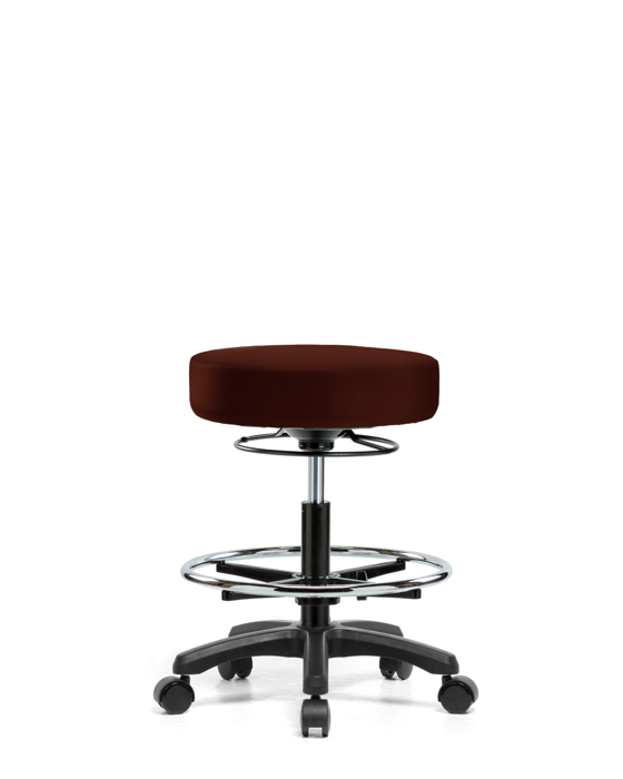 Blue Ridge Ergonomics VMBMS-RG-CF-RC-8569 Vinyl Mini-Stool - Medium Bench Height with Chrome Foot Ring & Casters in Burgundy Trailblazer™ Vinyl