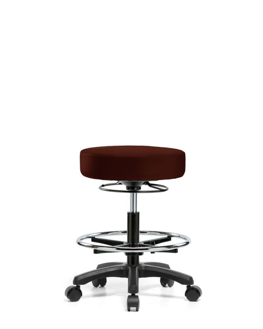 Blue Ridge Ergonomics VMBMS-RG-CF-RC-8569 Vinyl Mini-Stool - Medium Bench Height with Chrome Foot Ring & Casters in Burgundy Trailblazer™ Vinyl