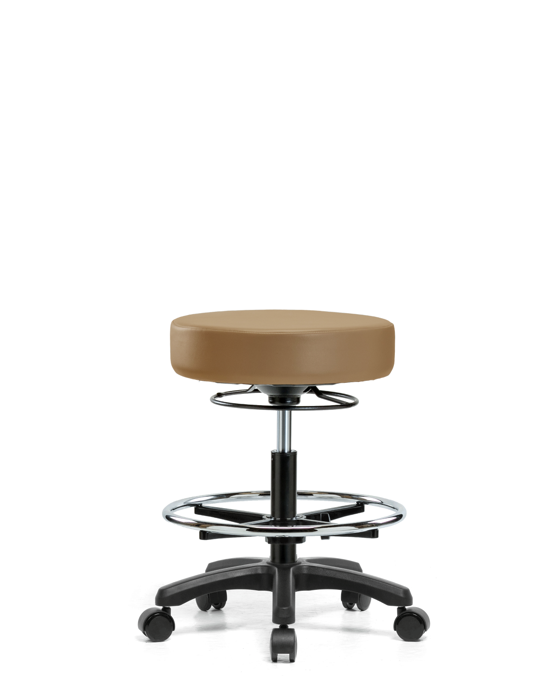 Blue Ridge Ergonomics VMBMS-RG-CF-RC-8584 Vinyl Mini-Stool - Medium Bench Height with Chrome Foot Ring & Casters in Taupe Trailblazer™ Vinyl