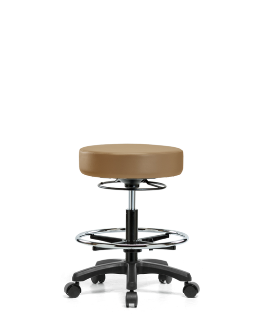Blue Ridge Ergonomics VMBMS-RG-CF-RC-8584 Vinyl Mini-Stool - Medium Bench Height with Chrome Foot Ring & Casters in Taupe Trailblazer™ Vinyl