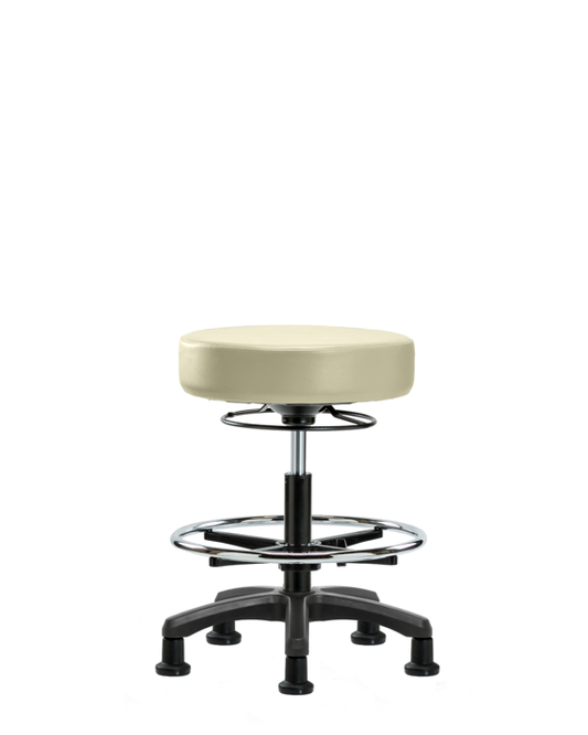 Blue Ridge Ergonomics VMBMS-RG-CF-RG-8501 Vinyl Mini-Stool - Medium Bench Height with Chrome Foot Ring & Stationary Glides in Adobe White Trailblazer™ Vinyl