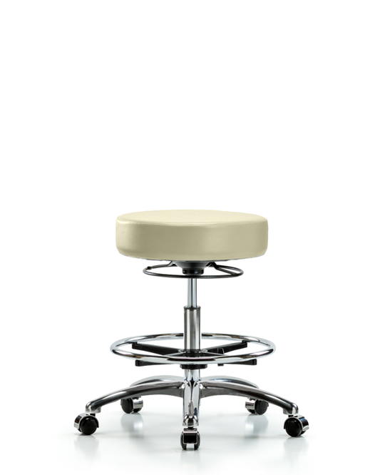 Blue Ridge Ergonomics VMBSO-CR-CF-CC-8501 Rutledge Vinyl Stool without Back Chrome - Medium Bench Height with Chrome Foot Ring & Casters in Adobe White Trailblazer™ Vinyl