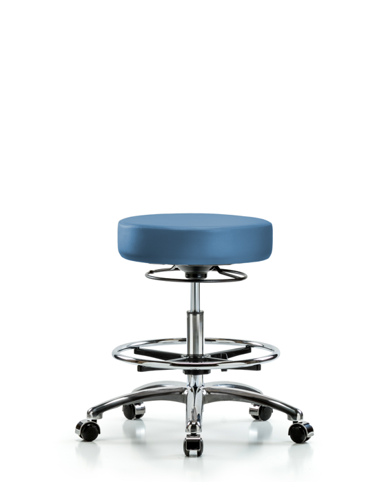 Blue Ridge Ergonomics VMBSO-CR-CF-CC-8546 Rutledge Vinyl Stool without Back Chrome - Medium Bench Height with Chrome Foot Ring & Casters in Colonial Blue Trailblazer™ Vinyl