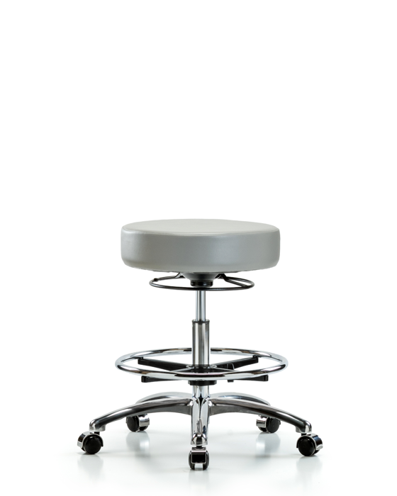 Blue Ridge Ergonomics VMBSO-CR-CF-CC-8567 Rutledge Vinyl Stool without Back Chrome - Medium Bench Height with Chrome Foot Ring & Casters in Dove Trailblazer™ Vinyl