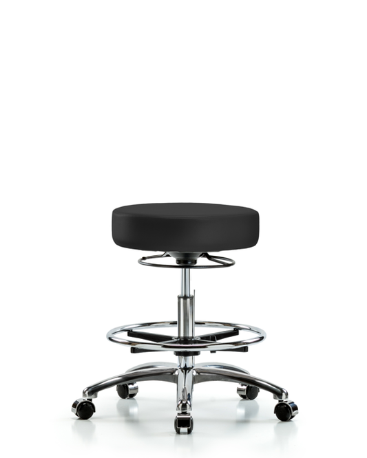 Blue Ridge Ergonomics VMBSO-CR-CF-CC-8605 Rutledge Vinyl Stool without Back Chrome - Medium Bench Height with Chrome Foot Ring & Casters in Charcoal Trailblazer™ Vinyl