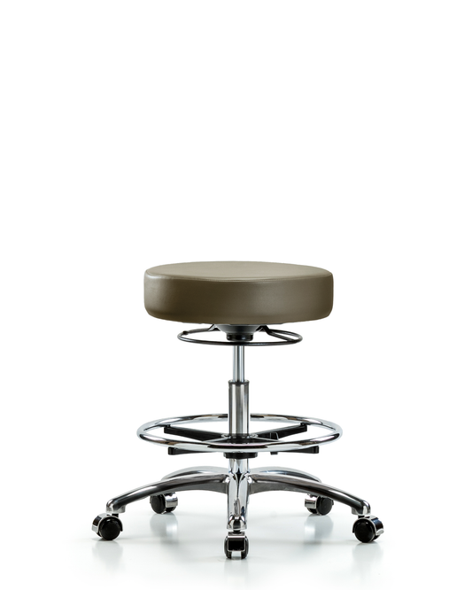 Blue Ridge Ergonomics VMBSO-CR-CF-CC-8584 Rutledge Vinyl Stool without Back Chrome - Medium Bench Height with Chrome Foot Ring & Casters in Taupe Trailblazer™ Vinyl