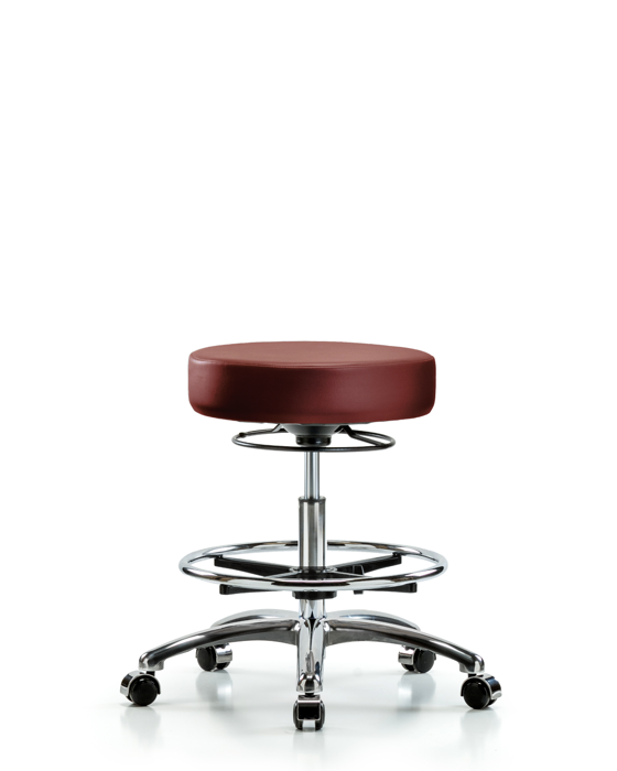 Blue Ridge Ergonomics VMBSO-CR-CF-CC-8815 Rutledge Vinyl Stool without Back Chrome - Medium Bench Height with Chrome Foot Ring & Casters in Borscht Supernova™ Vinyl