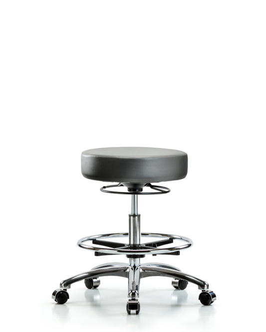 Blue Ridge Ergonomics VMBSO-CR-CF-CC-8840 Rutledge Vinyl Stool without Back Chrome - Medium Bench Height with Chrome Foot Ring & Casters in Sterling Supernova™ Vinyl