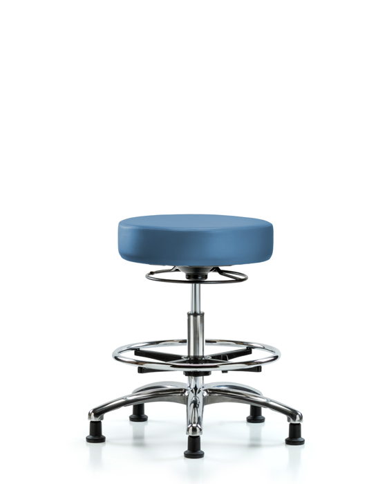 Blue Ridge Ergonomics VMBSO-CR-CF-RG-8546 Rutledge Vinyl Stool without Back Chrome - Medium Bench Height with Chrome Foot Ring & Stationary Glides in Colonial Blue Trailblazer™ Vinyl