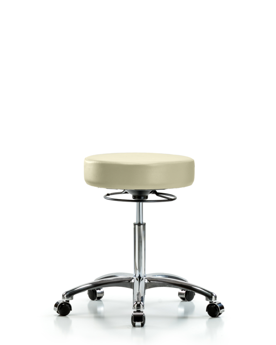 Blue Ridge Ergonomics VMBSO-CR-NF-CC-8501 Rutledge Vinyl Stool without Back Chrome - Medium Bench Height with Casters in Adobe White Trailblazer™ Vinyl