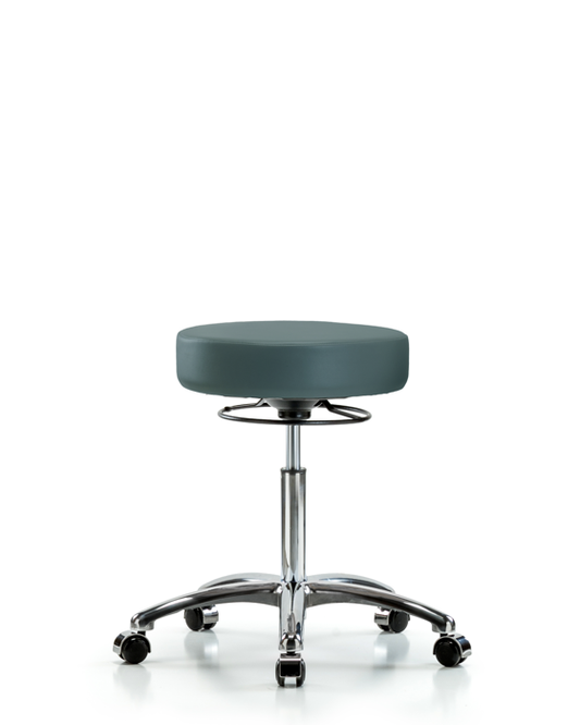 Blue Ridge Ergonomics VMBSO-CR-NF-CC-8546 Rutledge Vinyl Stool without Back Chrome - Medium Bench Height with Casters in Colonial Blue Trailblazer™ Vinyl