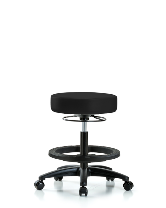Blue Ridge Ergonomics VMBSO-RG-BF-RC-8540 Rutledge Vinyl Stool without Back - Medium Bench Height with Black Foot Ring & Casters in Black Trailblazer™ Vinyl