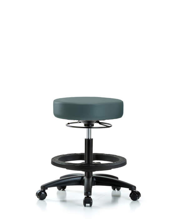 Blue Ridge Ergonomics VMBSO-RG-BF-RC-8546 Rutledge Vinyl Stool without Back - Medium Bench Height with Black Foot Ring & Casters in Colonial Blue Trailblazer™ Vinyl
