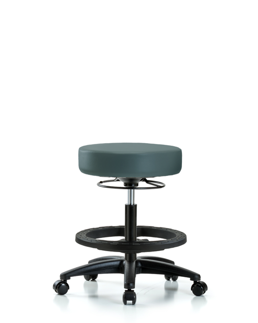 Blue Ridge Ergonomics VMBSO-RG-BF-RC-8546 Rutledge Vinyl Stool without Back - Medium Bench Height with Black Foot Ring & Casters in Colonial Blue Trailblazer™ Vinyl