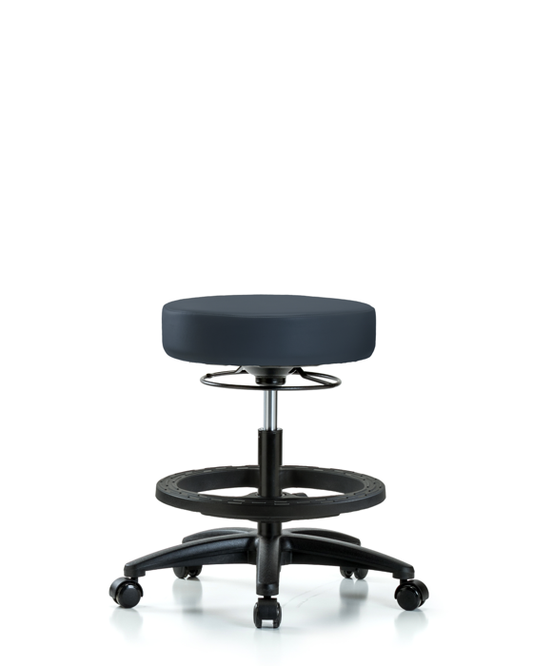 Blue Ridge Ergonomics VMBSO-RG-BF-RC-8582 Rutledge Vinyl Stool without Back - Medium Bench Height with Black Foot Ring & Casters in Imperial Blue Trailblazer™ Vinyl