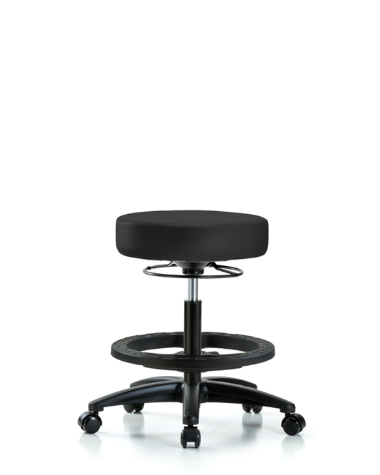 Blue Ridge Ergonomics VMBSO-RG-BF-RC-8605 Rutledge Vinyl Stool without Back - Medium Bench Height with Black Foot Ring & Casters in Charcoal Trailblazer™ Vinyl
