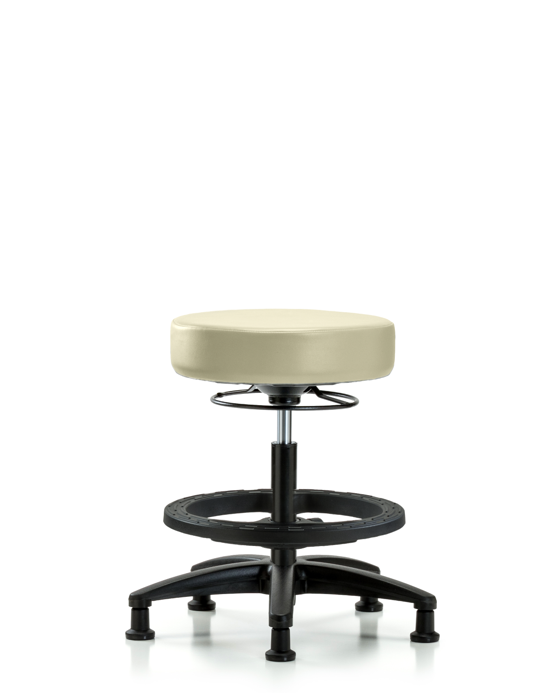 Blue Ridge Ergonomics VMBSO-RG-BF-RG-8501 Rutledge Vinyl Stool without Back - Medium Bench Height with Black Foot Ring & Stationary Glides in Adobe White Trailblazer™ Vinyl