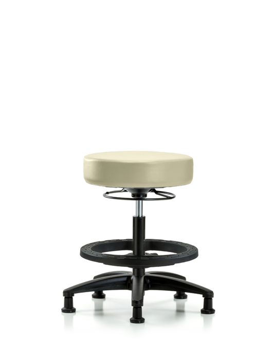 Blue Ridge Ergonomics VMBSO-RG-BF-RG-8501 Rutledge Vinyl Stool without Back - Medium Bench Height with Black Foot Ring & Stationary Glides in Adobe White Trailblazer™ Vinyl