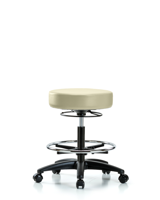 Blue Ridge Ergonomics VMBSO-RG-CF-RC-8501 Rutledge Vinyl Stool without Back - Medium Bench Height with Chrome Foot Ring & Casters in Adobe White Trailblazer™ Vinyl
