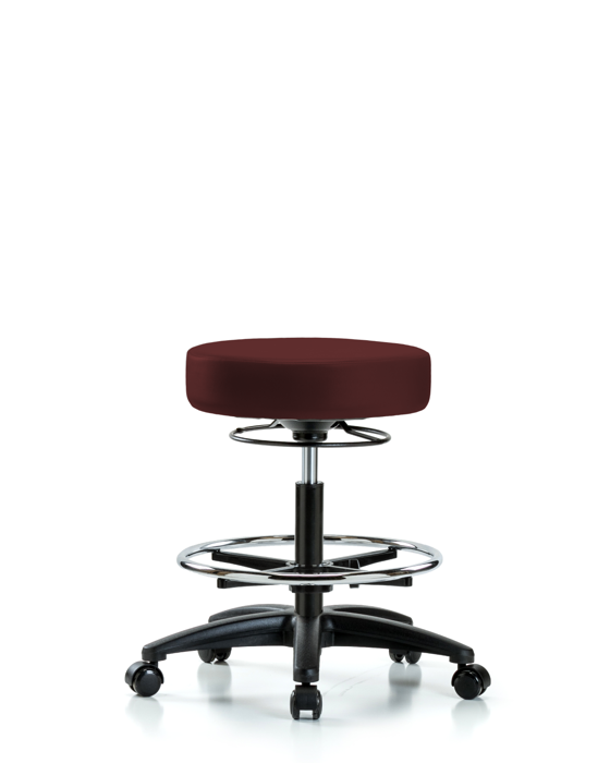 Blue Ridge Ergonomics VMBSO-RG-CF-RC-8569 Rutledge Vinyl Stool without Back - Medium Bench Height with Chrome Foot Ring & Casters in Burgundy Trailblazer™ Vinyl