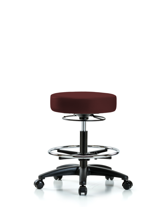 Blue Ridge Ergonomics VMBSO-RG-CF-RC-8569 Rutledge Vinyl Stool without Back - Medium Bench Height with Chrome Foot Ring & Casters in Burgundy Trailblazer™ Vinyl