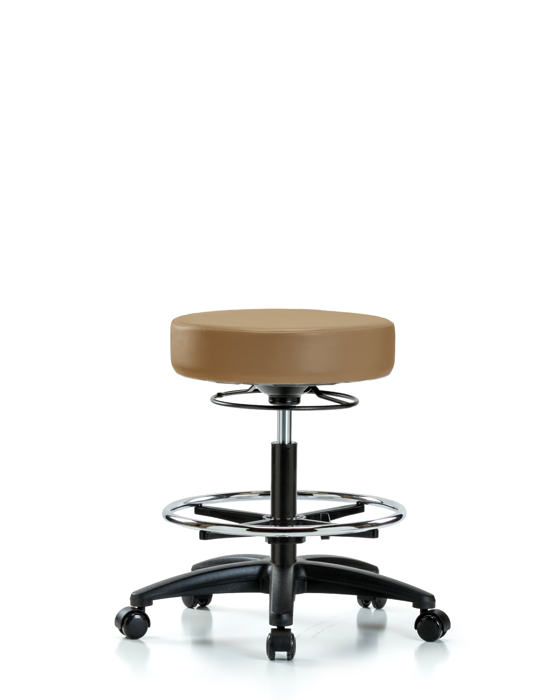 Blue Ridge Ergonomics VMBSO-RG-CF-RC-8584 Rutledge Vinyl Stool without Back - Medium Bench Height with Chrome Foot Ring & Casters in Taupe Trailblazer™ Vinyl