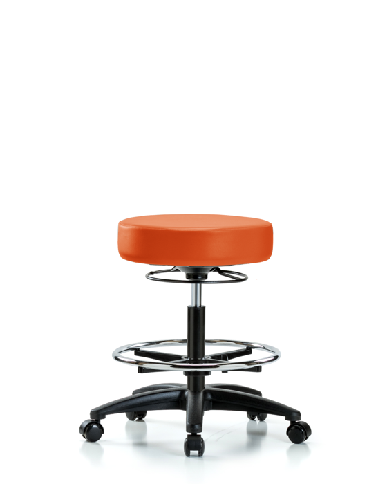 Blue Ridge Ergonomics VMBSO-RG-CF-RC-8613 Rutledge Vinyl Stool without Back - Medium Bench Height with Chrome Foot Ring & Casters in Orange Kist Trailblazer™ Vinyl