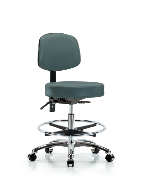 Blue Ridge Ergonomics VMBST-CR-T0-CF-CC-8546 Rutledge Vinyl Stool with Back Chrome - Medium Bench Height with Chrome Foot Ring & Casters in Colonial Blue Trailblazer™ Vinyl