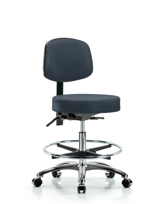 Blue Ridge Ergonomics VMBST-CR-T0-CF-CC-8582 Rutledge Vinyl Stool with Back Chrome - Medium Bench Height with Chrome Foot Ring & Casters in Imperial Blue Trailblazer™ Vinyl