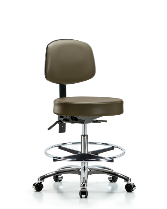 Blue Ridge Ergonomics VMBST-CR-T0-CF-CC-8809 Rutledge Vinyl Stool with Back Chrome - Medium Bench Height with Chrome Foot Ring & Casters in Taupe Supernova™ Vinyl