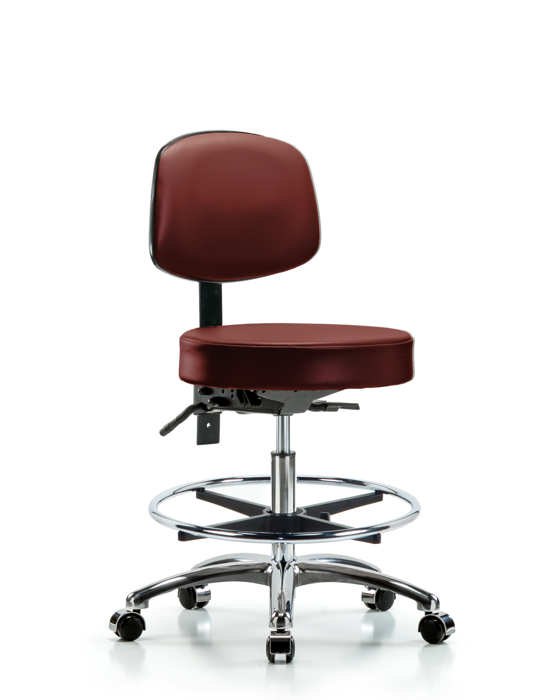 Blue Ridge Ergonomics VMBST-CR-T0-CF-CC-8815 Rutledge Vinyl Stool with Back Chrome - Medium Bench Height with Chrome Foot Ring & Casters in Borscht Supernova™ Vinyl