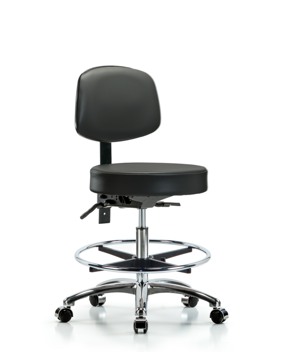 Blue Ridge Ergonomics VMBST-CR-T0-CF-CC-8823 Rutledge Vinyl Stool with Back Chrome - Medium Bench Height with Chrome Foot Ring & Casters in Carbon Supernova™ Vinyl