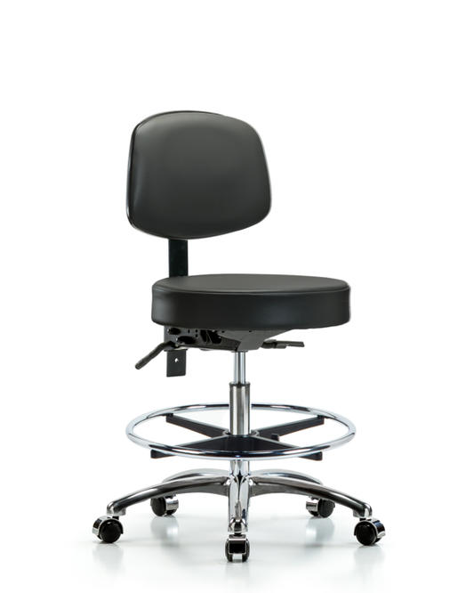 Blue Ridge Ergonomics VMBST-CR-T0-CF-CC-8823 Rutledge Vinyl Stool with Back Chrome - Medium Bench Height with Chrome Foot Ring & Casters in Carbon Supernova™ Vinyl