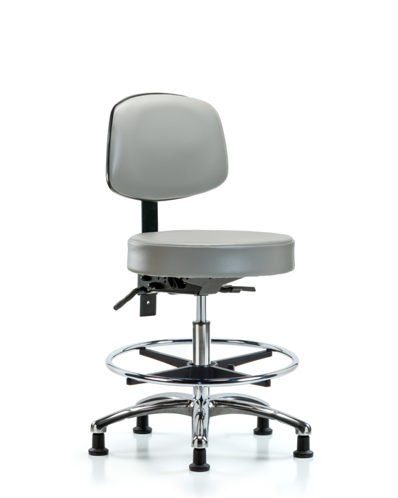 Blue Ridge Ergonomics VMBST-CR-T0-CF-RG-8567 Rutledge Vinyl Stool with Back Chrome - Medium Bench Height with Chrome Foot Ring & Stationary Glides in Dove Trailblazer™ Vinyl