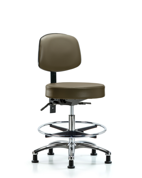 Blue Ridge Ergonomics VMBST-CR-T0-CF-RG-8809 Rutledge Vinyl Stool with Back Chrome - Medium Bench Height with Chrome Foot Ring & Stationary Glides in Taupe Supernova™ Vinyl