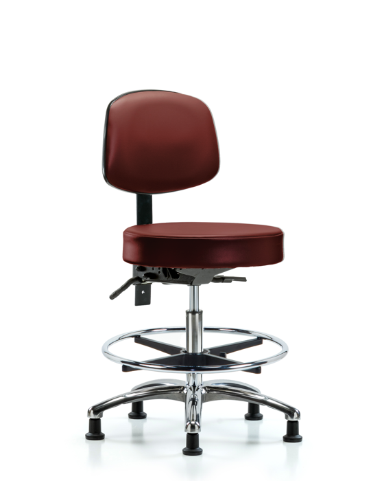 Blue Ridge Ergonomics VMBST-CR-T0-CF-RG-8815 Rutledge Vinyl Stool with Back Chrome - Medium Bench Height with Chrome Foot Ring & Stationary Glides in Borscht Supernova™ Vinyl
