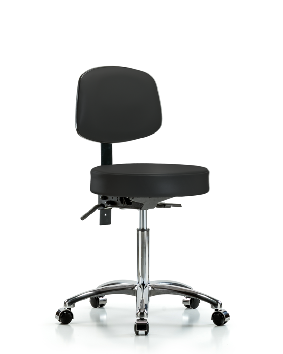 Blue Ridge Ergonomics VMBST-CR-T0-NF-CC-8540 Rutledge Vinyl Stool with Back Chrome - Medium Bench Height with Casters in Black Trailblazer™ Vinyl
