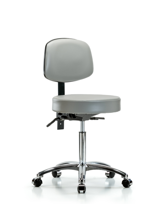 Blue Ridge Ergonomics VMBST-CR-T0-NF-CC-8567 Rutledge Vinyl Stool with Back Chrome - Medium Bench Height with Casters in Dove Trailblazer™ Vinyl
