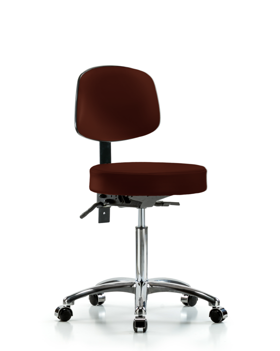 Blue Ridge Ergonomics VMBST-CR-T0-NF-CC-8569 Rutledge Vinyl Stool with Back Chrome - Medium Bench Height with Casters in Burgundy Trailblazer™ Vinyl