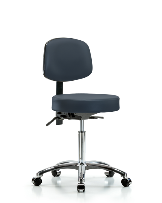 Blue Ridge Ergonomics VMBST-CR-T0-NF-CC-8582 Rutledge Vinyl Stool with Back Chrome - Medium Bench Height with Casters in Imperial Blue Trailblazer™ Vinyl