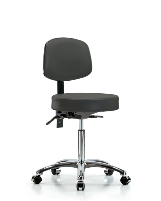 Blue Ridge Ergonomics VMBST-CR-T0-NF-CC-8605 Rutledge Vinyl Stool with Back Chrome - Medium Bench Height with Casters in Charcoal Trailblazer™ Vinyl
