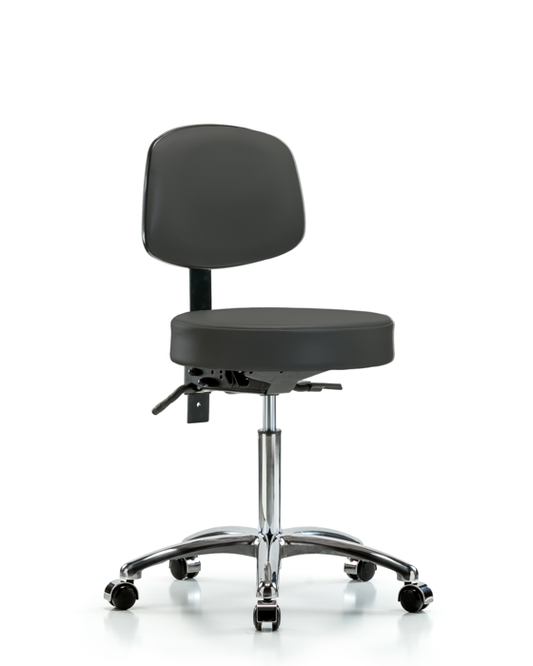 Blue Ridge Ergonomics VMBST-CR-T0-NF-CC-8605 Rutledge Vinyl Stool with Back Chrome - Medium Bench Height with Casters in Charcoal Trailblazer™ Vinyl