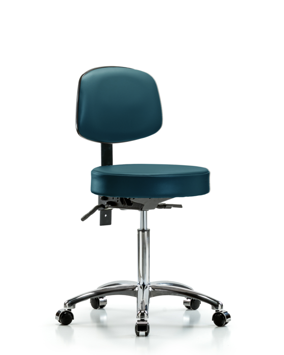 Blue Ridge Ergonomics VMBST-CR-T0-NF-CC-8801 Rutledge Vinyl Stool with Back Chrome - Medium Bench Height with Casters in Marine Blue Supernova™ Vinyl
