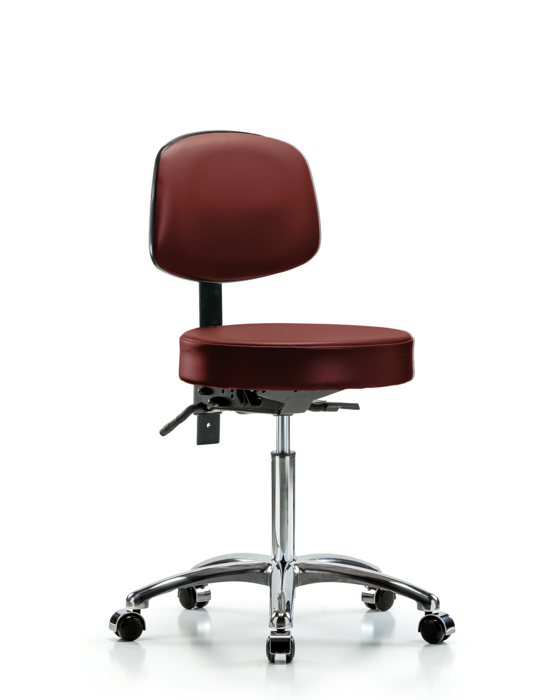 Blue Ridge Ergonomics VMBST-CR-T0-NF-CC-8815 Rutledge Vinyl Stool with Back Chrome - Medium Bench Height with Casters in Borscht Supernova™ Vinyl