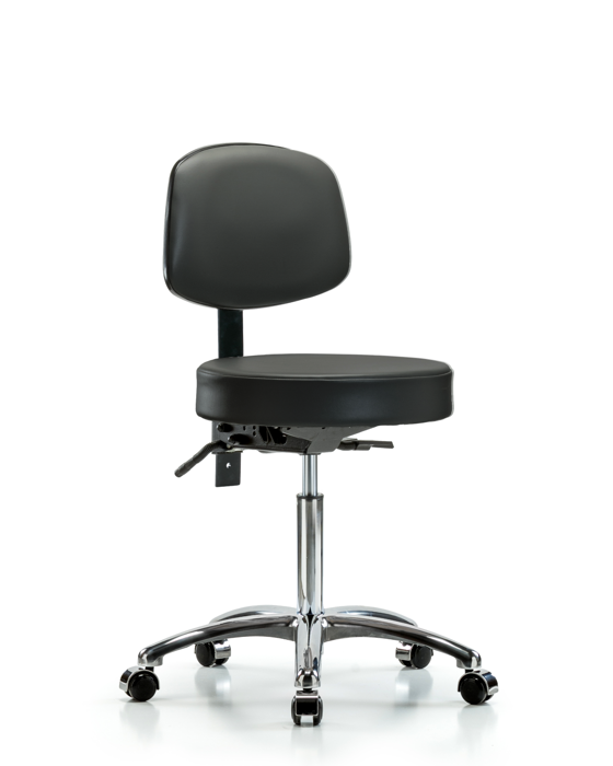 Blue Ridge Ergonomics VMBST-CR-T0-NF-CC-8823 Rutledge Vinyl Stool with Back Chrome - Medium Bench Height with Casters in Carbon Supernova™ Vinyl