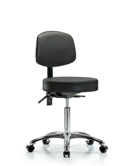 Blue Ridge Ergonomics VMBST-CR-T0-NF-CC-8823 Rutledge Vinyl Stool with Back Chrome - Medium Bench Height with Casters in Carbon Supernova™ Vinyl