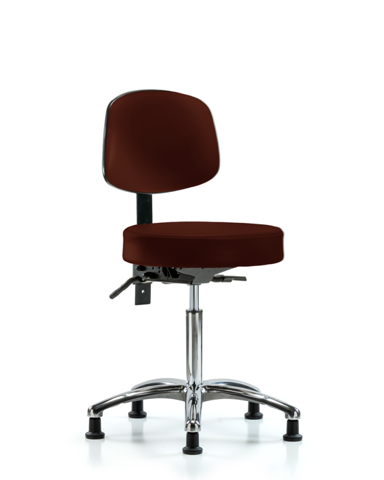 Blue Ridge Ergonomics VMBST-CR-T0-NF-RG-8569 Rutledge Vinyl Stool with Back Chrome - Medium Bench Height with Stationary Glides in Burgundy Trailblazer™ Vinyl