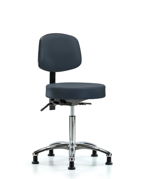 Blue Ridge Ergonomics VMBST-CR-T0-NF-RG-8582 Rutledge Vinyl Stool with Back Chrome - Medium Bench Height with Stationary Glides in Imperial Blue Trailblazer™ Vinyl